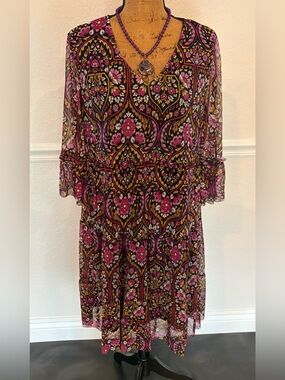 Mlle Gabrielle Purple Tiered Flounce Sleeve Burnout Netting Dress Sz Large